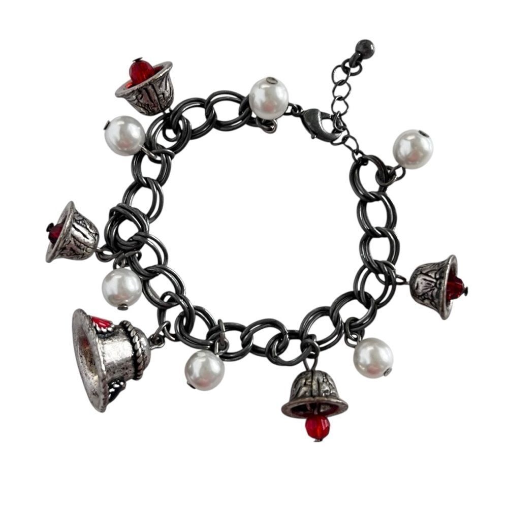Vintage Silver Bells Faux Pearl Charm Bracelet